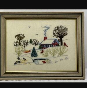 VINTAGE Hand Crafted Winter Scene Embroidery Mid Century Modern